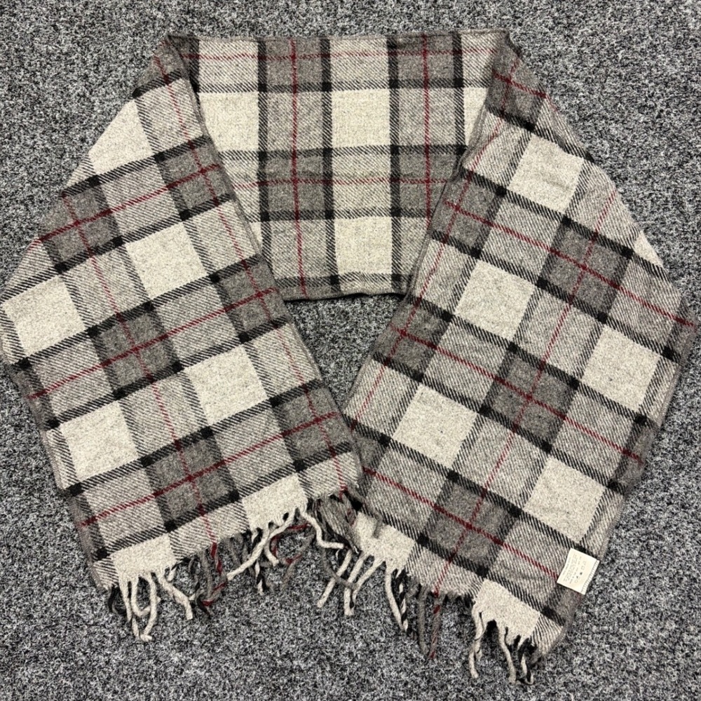 Vintage WPL Scarf Unisex OS Grey Plaid Virgin Wool Fringe Made In USA Winter